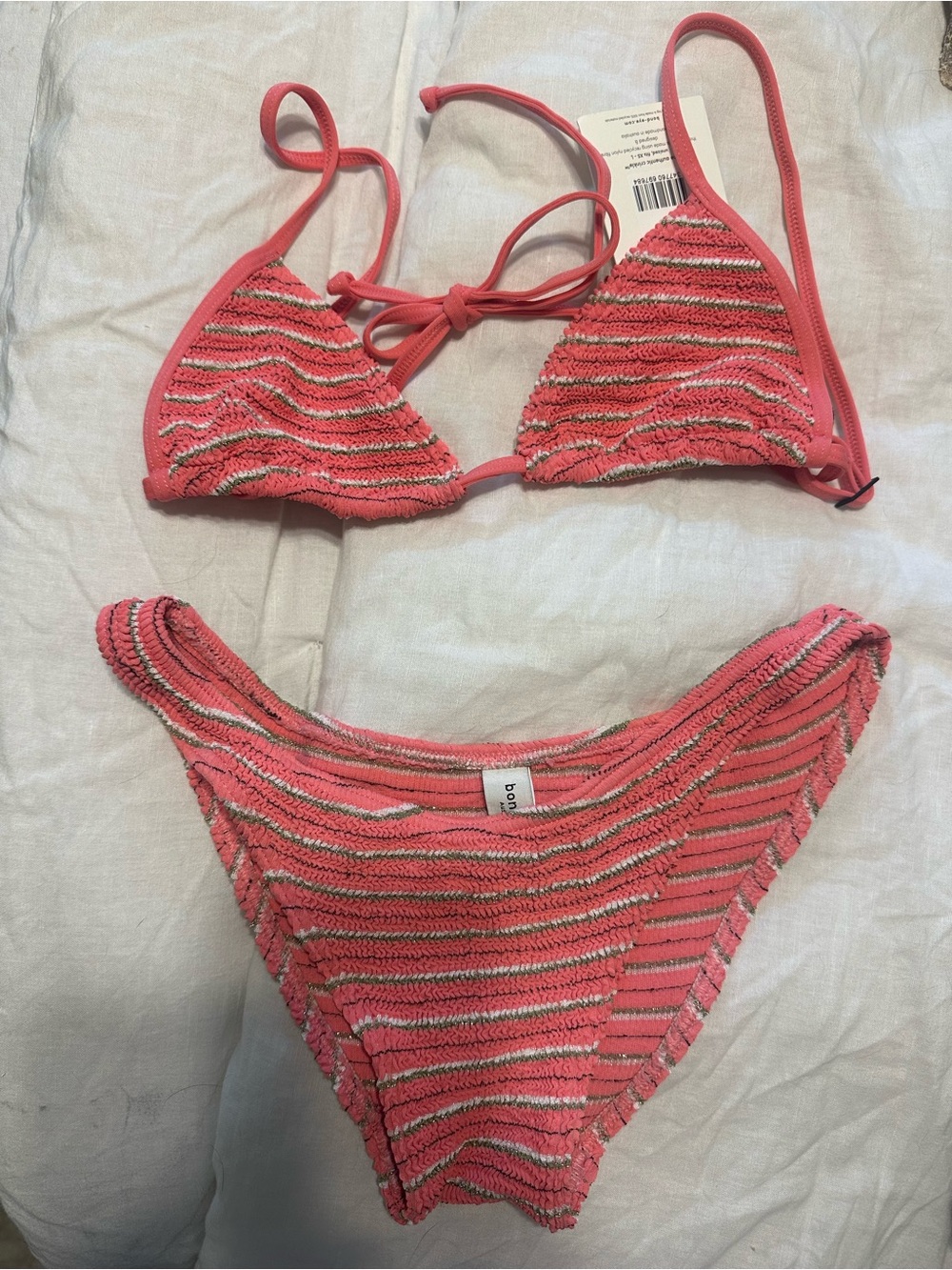 bond-eye Coral Pink Textured Stripe Bikini Set